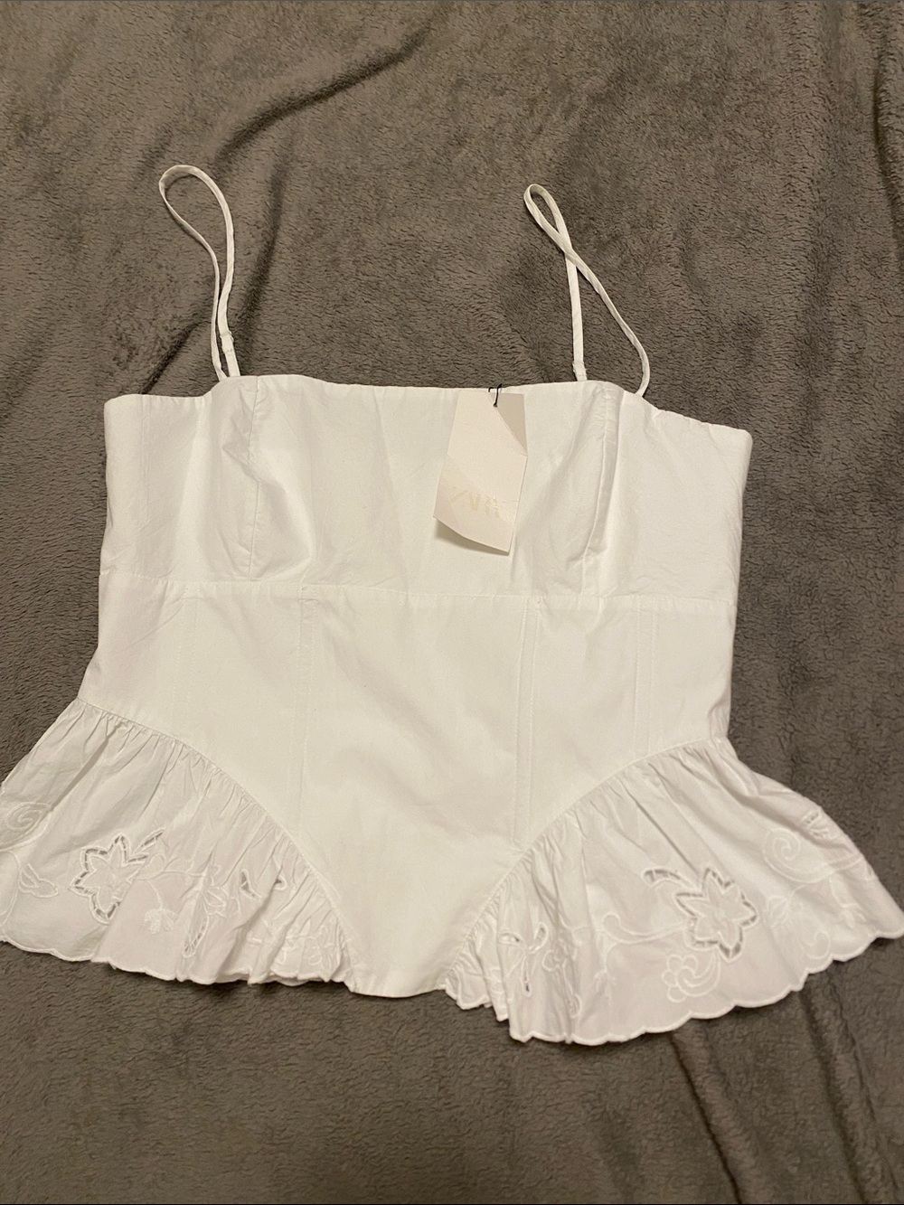 White Spaghetti Strap Bustier Top with Embroidered Ruffle Panels